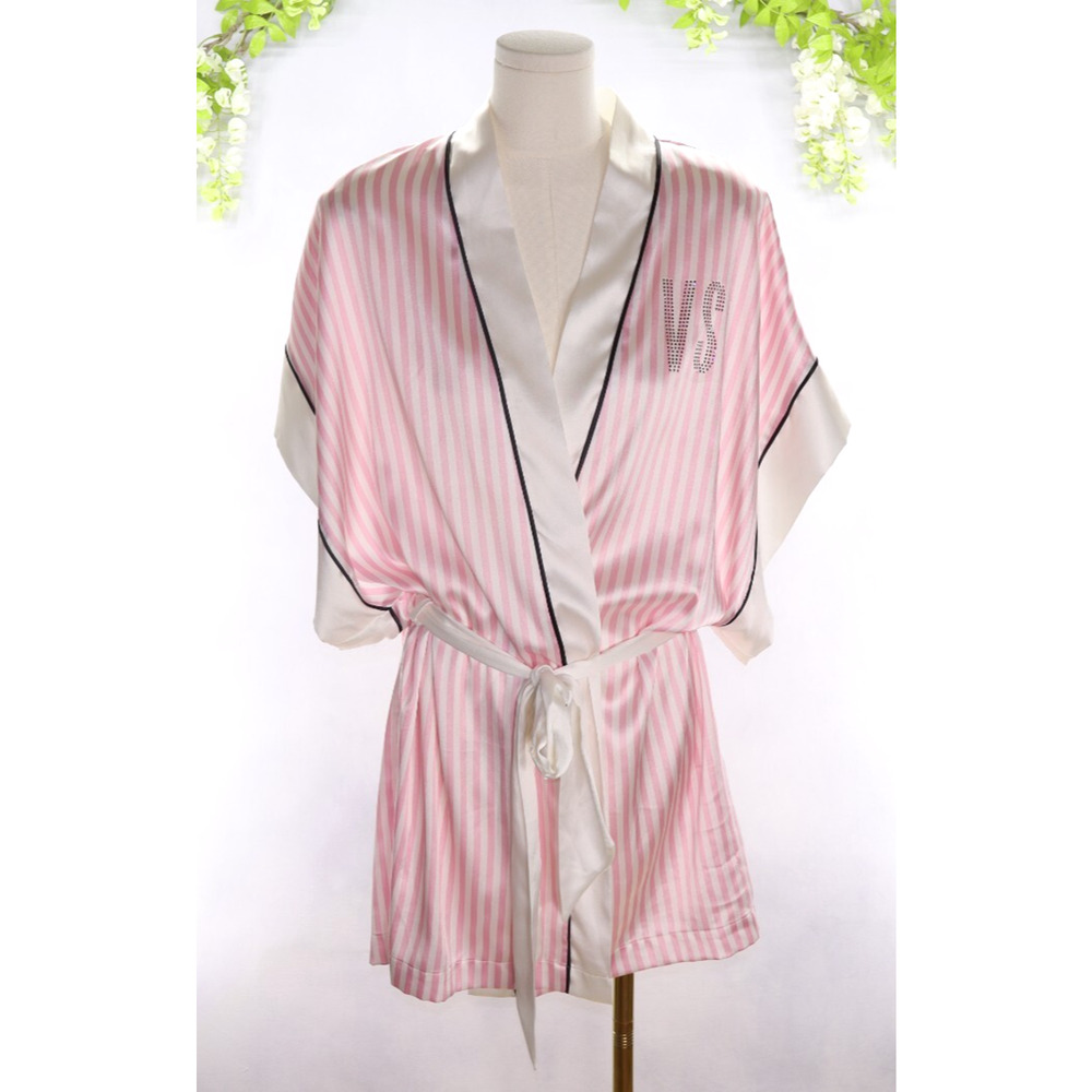 Victoria's Secret Pink and White Striped Satin Robe with VS Logo